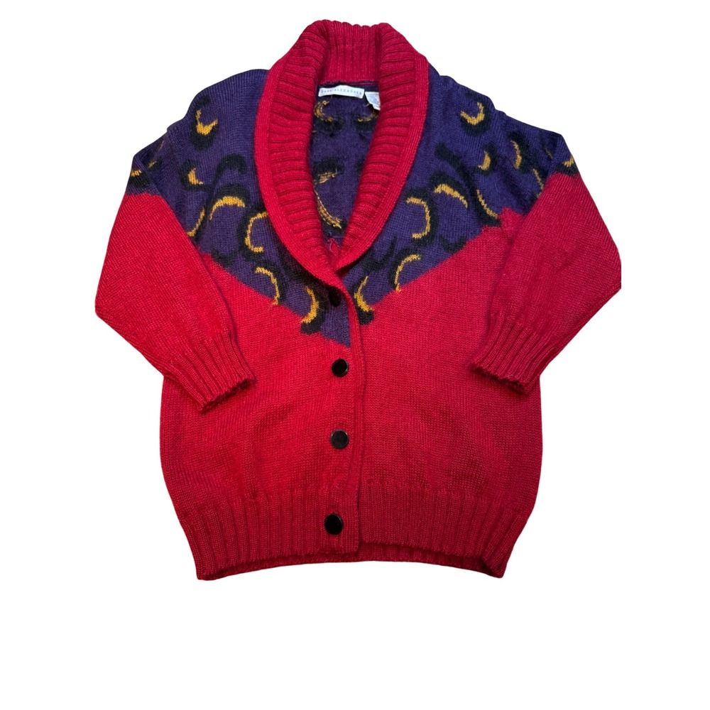 Paul‎ Alexander Bold Red Purple Mohair Blend Cardigan Sweater Shawl Collar vtg